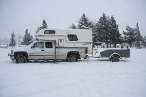 Camper parked in the snow in Waterton Lakes National Park