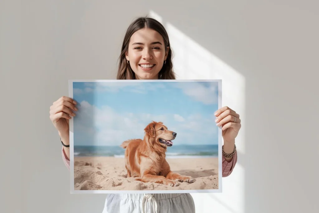 Lady holding up a photo print of a dog