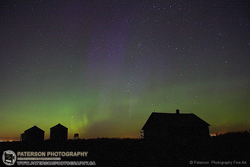A silhouette of an old farmhouse at night with stars and the northern lights