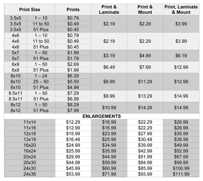 Price list of photo printing on Luster, Matte, Glossy paper from Lethbridge Photolab. Order prints online.