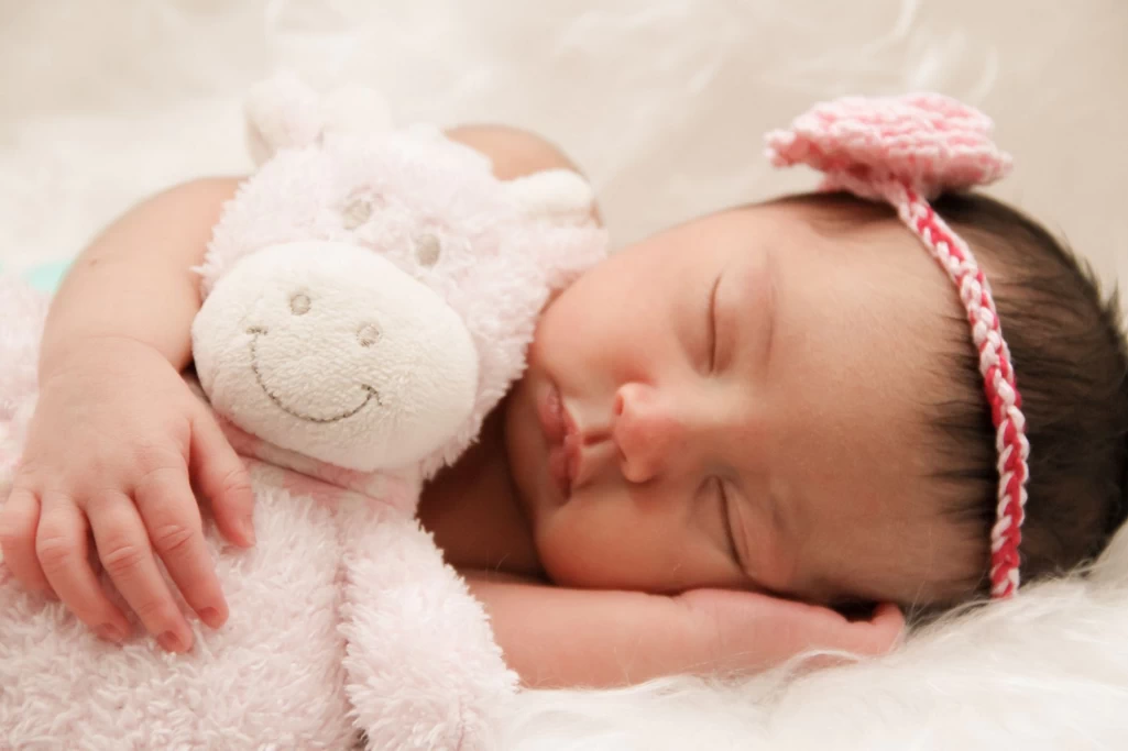 Baby sleeping with a stuffy. Order your photo prints from home while the kids sleep or play