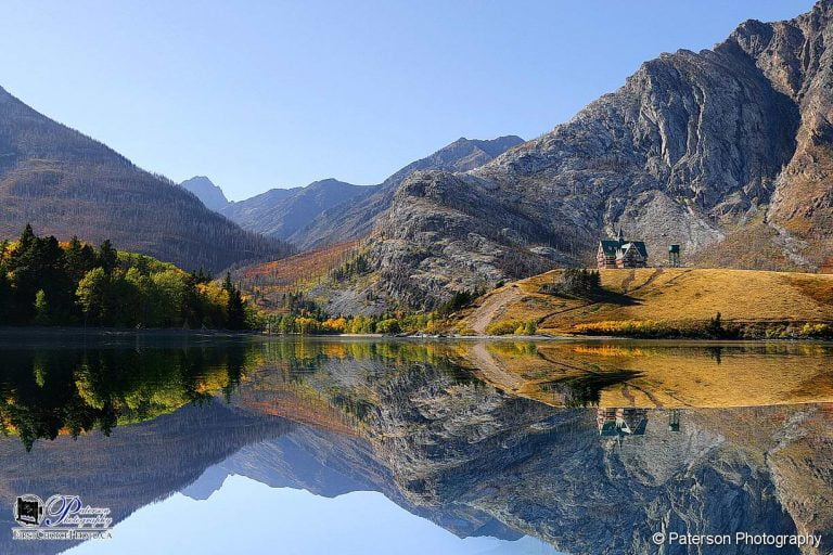 Kayaking the middle lake of Waterton Lakes National Park looking at the Prince of Wales hotel
